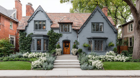 A stunning blue cottage showcases charming architecture, surrounded by lush greenery and vibrant flowers, creating an inviting and serene outdoor space in a beautiful neighborhood.の素材