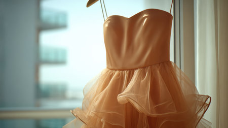 A beautiful peach strapless dress with layered tulle, elegantly displayed by a window, capturing the essence of modern fashion and soft interior ambiance.の素材