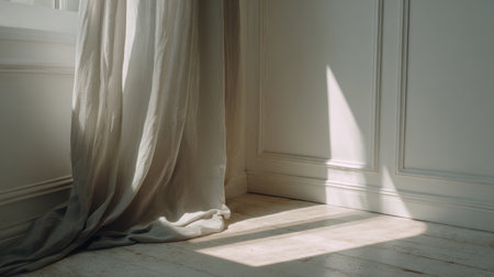 A serene indoor setting featuring soft natural light filtering through sheer curtains, illuminating a minimalist space with a light wooden floor and white walls.の素材