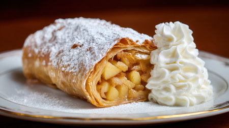 A delectable dessert showcasing freshly baked apple strudel with crispy pastry, accompanied by a dollop of whipped cream, ideal for food enthusiasts and culinary art.の素材