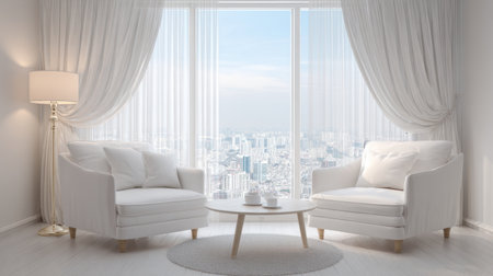 This image showcases a modern living room with white furniture, featuring a coffee table and large windows overlooking the city, creating a serene and inviting atmosphere.の素材