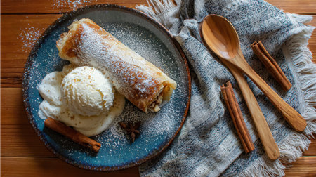 Enjoy a scrumptious serving of cinnamon apple crepes paired with rich vanilla ice cream, creating a warm and inviting dessert suitable for any occasion.の素材