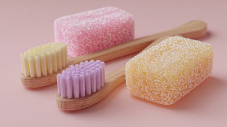 Bright and fun toothbrushes alongside textured soap bars create an inviting scene for personal care routines, perfect for both kids and adults, adding charm to any bathroom.の素材