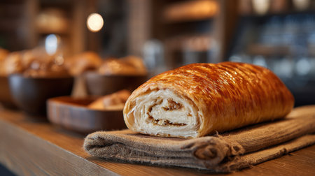 A beautifully presented pastry sitting on a rustic wooden table, surrounded by artisan breads in a cozy bakery, evoking warmth and rich aromas of freshly baked goods.の素材