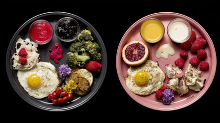 A striking breakfast presentation featuring sunny-side-up eggs, vibrant fruits, and fresh vegetables, beautifully arranged on stylish plates. Perfect for food lovers and healthy eating enthusiasts.の素材