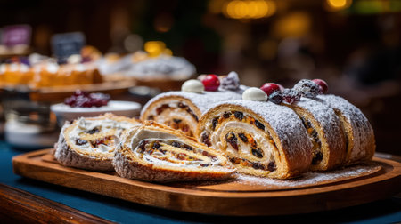 A freshly baked dessert loaf dusted with powdered sugar, filled with fruits and spices, displayed on a wooden board, perfect for holiday celebrations and cozy gatherings.の素材
