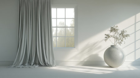 A serene interior capturing sunlight through flowing curtains, showcasing a minimalist design with a decorative vase, creating a tranquil atmosphere in a modern space.の素材