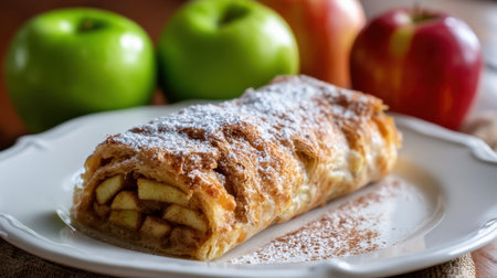 A scrumptious apple strudel dusted with powdered sugar and cinnamon, beautifully presented on a plate, accompanied by vibrant fresh apples, perfect for autumn gatherings.の素材