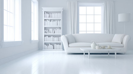 This minimalist living room features white furniture and a bookshelf, creating a serene atmosphere filled with natural light and simplicity, perfect for relaxation.の素材