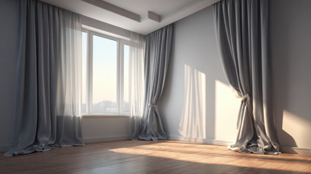 A spacious interior scene featuring sheer drapes framing a window, with soft morning light casting gentle shadows, creating an inviting and serene atmosphere for home inspiration.の素材