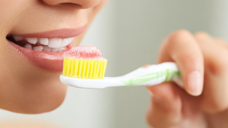 A close-up image of a woman brushing her teeth with a toothbrush and foamy toothpaste, emphasizing the importance of daily dental care and promoting a healthy lifestyle.の素材