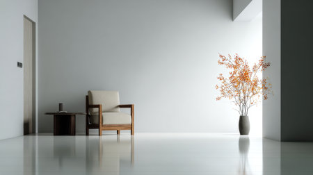 A serene minimalist living space featuring a wooden chair and small table, complemented by elegant branches in a vase, creating a tranquil atmosphere and inviting elegance.の素材