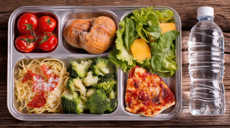 This image features a nutritious meal tray with a variety of food including fresh vegetables, pasta, protein, and hydration, perfect for a healthy lunch or dinner option.の素材