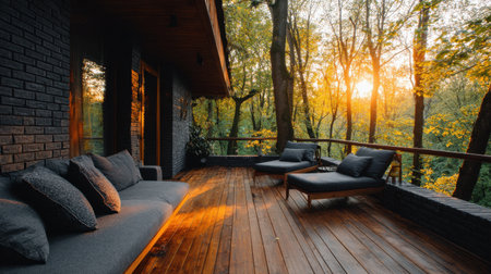 Serene outdoor terrace scene showcasing a cozy seating area surrounded by lush forest, lit by warm sunset glow, ideal for relaxation and peaceful moments in nature.の素材