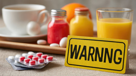 A captivating scene featuring a warning sign alongside various health-related items, including medication and refreshing drinks, emphasizing the importance of health awareness and safety.の素材