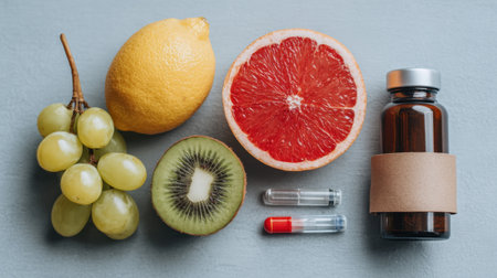 Vibrant display of fresh fruits and a bottle of pills representing health, wellness, and nutrition. Perfect for concepts related to dietary choices and healthy living.の素材