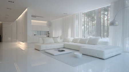 A bright and modern living room showcasing minimalist design elements, featuring a white sofa and large windows that offer stunning views of a tranquil forest.の素材
