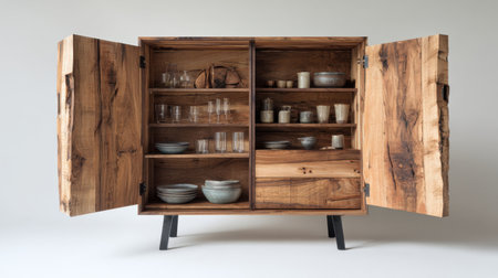 A stylish wooden cabinet with open doors showcases a beautiful arrangement of glassware and dishware in a modern minimalist setting, ideal for home decor inspiration.の素材