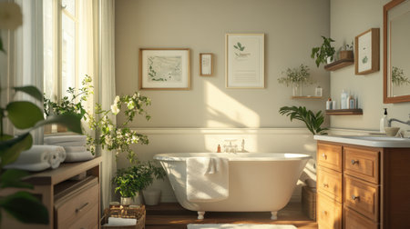 A beautiful bathroom featuring a freestanding bathtub, vibrant greenery, and warm wooden accents, creating a calming and inviting atmosphere ideal for relaxation and rejuvenation.の素材