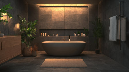 A beautifully designed modern bathroom featuring a minimalist soaking tub surrounded by elegant decor and lush green plants, creating a serene and inviting atmosphere for relaxation.の素材