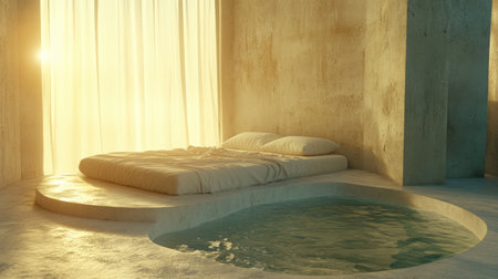 A tranquil minimalist bedroom featuring soft bedding and an inviting indoor pool, illuminated by warm natural light filtered through sheer curtains. Perfect for relaxation and modern living.の素材