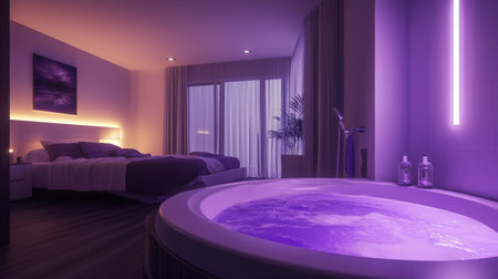 Experience serene luxury in this modern bedroom featuring a beautifully lit purple hot tub, creating the perfect atmosphere for relaxation and escape.の素材