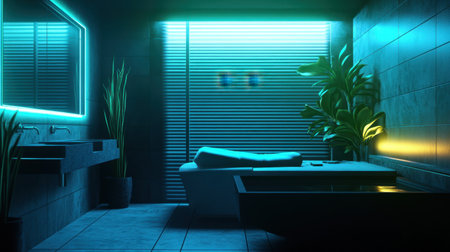 A stylish minimalist bathroom featuring a relaxing atmosphere with neon lights, lush plants, and a sleek bathtub, creating an inviting and serene space for unwinding.の素材
