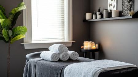 A serene spa room featuring rolled towels on a massage table, soft lighting, and a touch of greenery, ideal for relaxation, beauty treatments, and wellness experiences.の素材