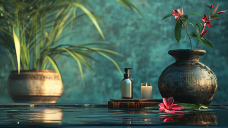 Discover a tranquil wellness setup featuring an aroma oil bottle, a lit candle, and vibrant flowers, all harmoniously arranged on a reflective water surface. Perfect for relaxation.の素材