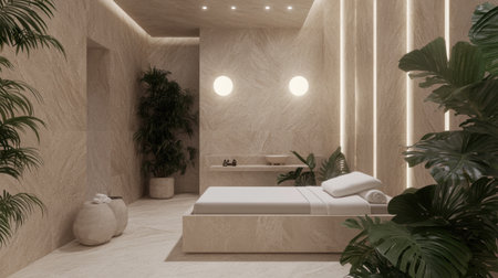 A serene minimalist bedroom featuring soft earthy tones, warm lighting, and lush plants, creating a tranquil and inviting atmosphere for relaxation and comfort.の素材