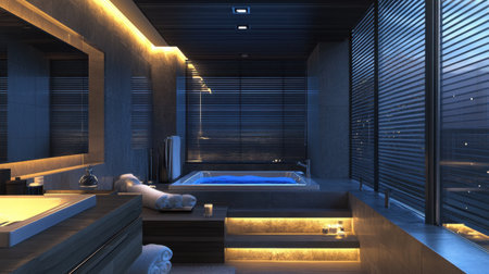 Elegant and modern bathroom featuring a luxurious bathtub, soft ambient lighting, and large windows offering a stunning city view at twilight. Perfect for relaxation.の素材