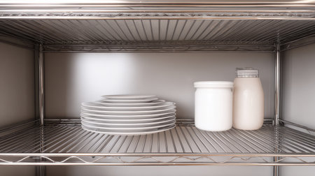 A clean and organized kitchen shelf featuring a stack of white plates, a glass jar, and a milk container, ideal for showcasing minimalistic and functional storage solutions.の素材