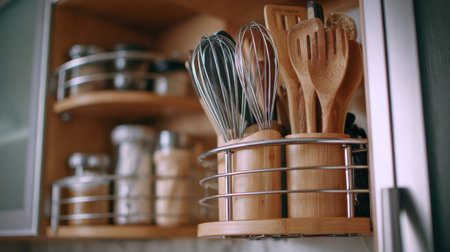 A stylish display of wooden cooking utensils, including whisks and spatulas, neatly organized in a modern kitchen cabinet, blending elegance and practicality for culinary enthusiasts.の素材