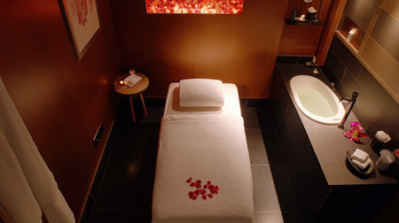 A tranquil spa room featuring a massage table adorned with rose petals, creating a peaceful atmosphere for relaxation and rejuvenation in a luxurious environment.の素材