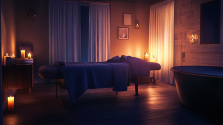 Discover a serene spa interior featuring a cozy massage table surrounded by soft candlelight, perfect for creating a relaxed atmosphere and enhancing well-being.の素材