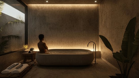 A tranquil modern bathroom featuring a stylish bathtub, ambient lighting, and natural elements, creating a perfect space for relaxation and self-care at dusk.の素材