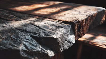 A detailed composition showcasing the beauty of wood and stone, illuminated by natural light, offering inspiration for rustic interior design and decor concepts.の素材
