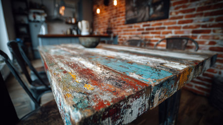 A rustic wooden table adorned with vibrant paint splashes, set in a cozy kitchen, capturing the essence of contemporary industrial design and inviting warmth.の素材