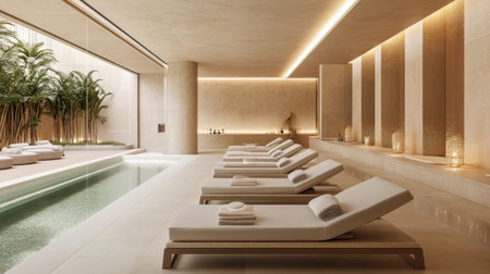 Discover a calm and luxurious indoor spa space featuring elegant lounge chairs, a soothing pool, and lush greenery, perfect for relaxation and rejuvenation.の素材