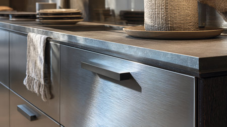 A stylish modern kitchen setup featuring a stone countertop, metallic cabinetry, and tasteful dishware, perfect for inspiring minimalistic living and elegant dining moments.の素材