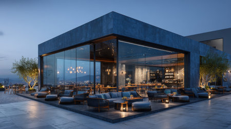 Stylish outdoor lounge area with cozy seating and soft lighting, offering a perfect backdrop for gatherings while showcasing a serene evening view of the landscape.の素材