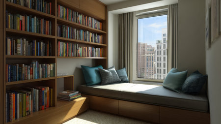 A stylish reading nook featuring a large window, filled bookshelves, and comfortable cushions, perfect for enjoying moments of relaxation in an urban setting.の素材