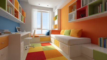 Inviting modern bedroom design filled with vibrant colors, cheerful cushions, and stylish furniture, creating a cozy and playful atmosphere illuminated by natural light.の素材