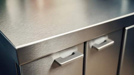 A stunning close-up view of a modern stainless steel kitchen cabinet highlighting its sleek handles and smooth surface, ideal for contemporary kitchens and culinary spaces.の素材