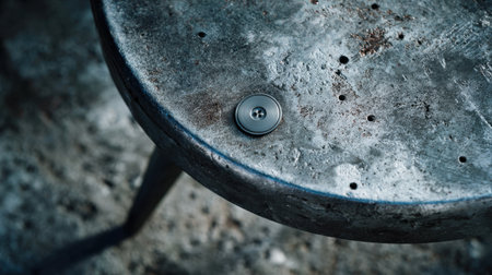 An intriguing close-up shot featuring a round button resting on a weathered metallic stool. The image showcases rust and imperfections, adding depth to the composition.の素材