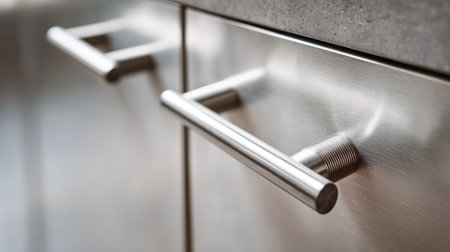 Close-up view of a modern kitchen cabinet handle in stainless steel. Perfect for showcasing contemporary design elements in home renovation projects and interior spaces.の素材