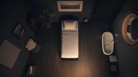 A serene and modern bedroom featuring a minimalist bed, elegant bath, soft lighting, and natural decor, offering a perfect space for relaxation and tranquility.の素材