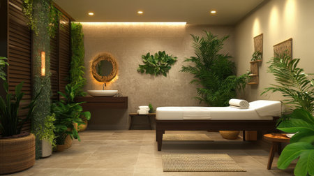 This image showcases a tranquil spa interior featuring natural elements and greenery, promoting relaxation and wellness in a contemporary, serene setting.の素材