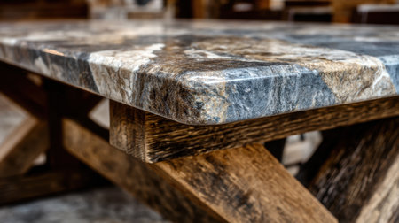 This close-up captures the exquisite textures and natural patterns of a stone tabletop, complemented by warm wooden elements, perfect for enhancing interior design aesthetics.の素材
