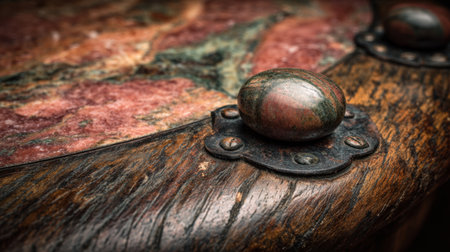 This image showcases a close-up view of a rustic wood and stone surface, featuring intricate textures and colors that reflect artistic craftsmanship and natural beauty.の素材